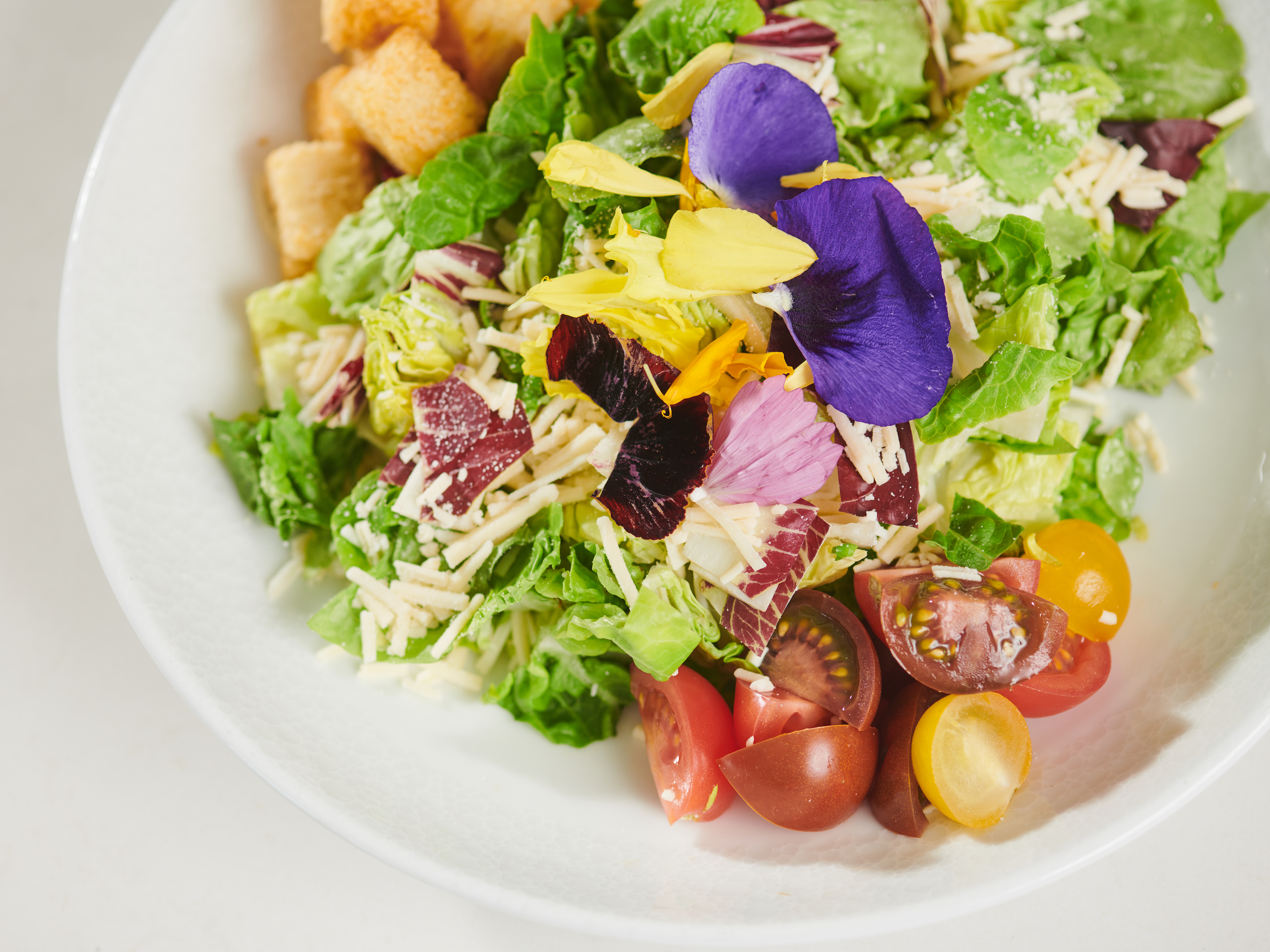 white plate with salad that has tomatoes croutons and a purple flower